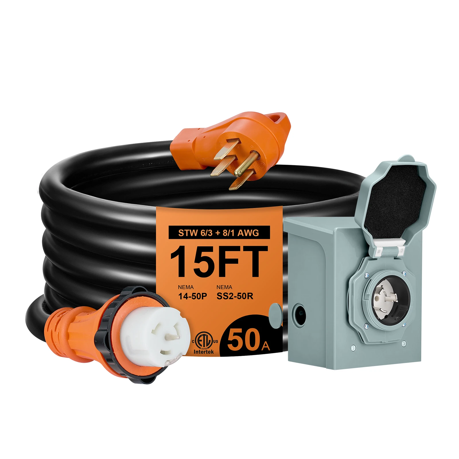 

15FT 50 Amp Generator Cord and Pre-Drilled Power Inlet Box, Extension Cord Twist Locking for Outdoor Emergency Kit