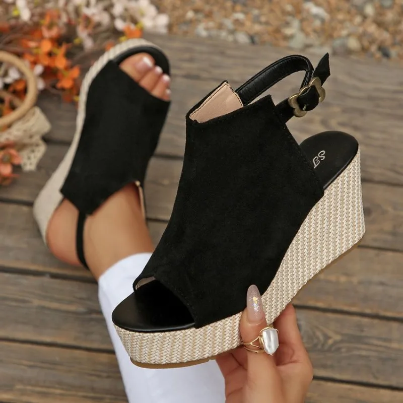Sandalias de Mujer de Verano con Plataforma de Cuña, de Ante, Punta Abierta, con Hebilla y Correa al Tobillo, Estilo Alpargatas, Casuales, Cómodas para Caminar en la Playa 2026