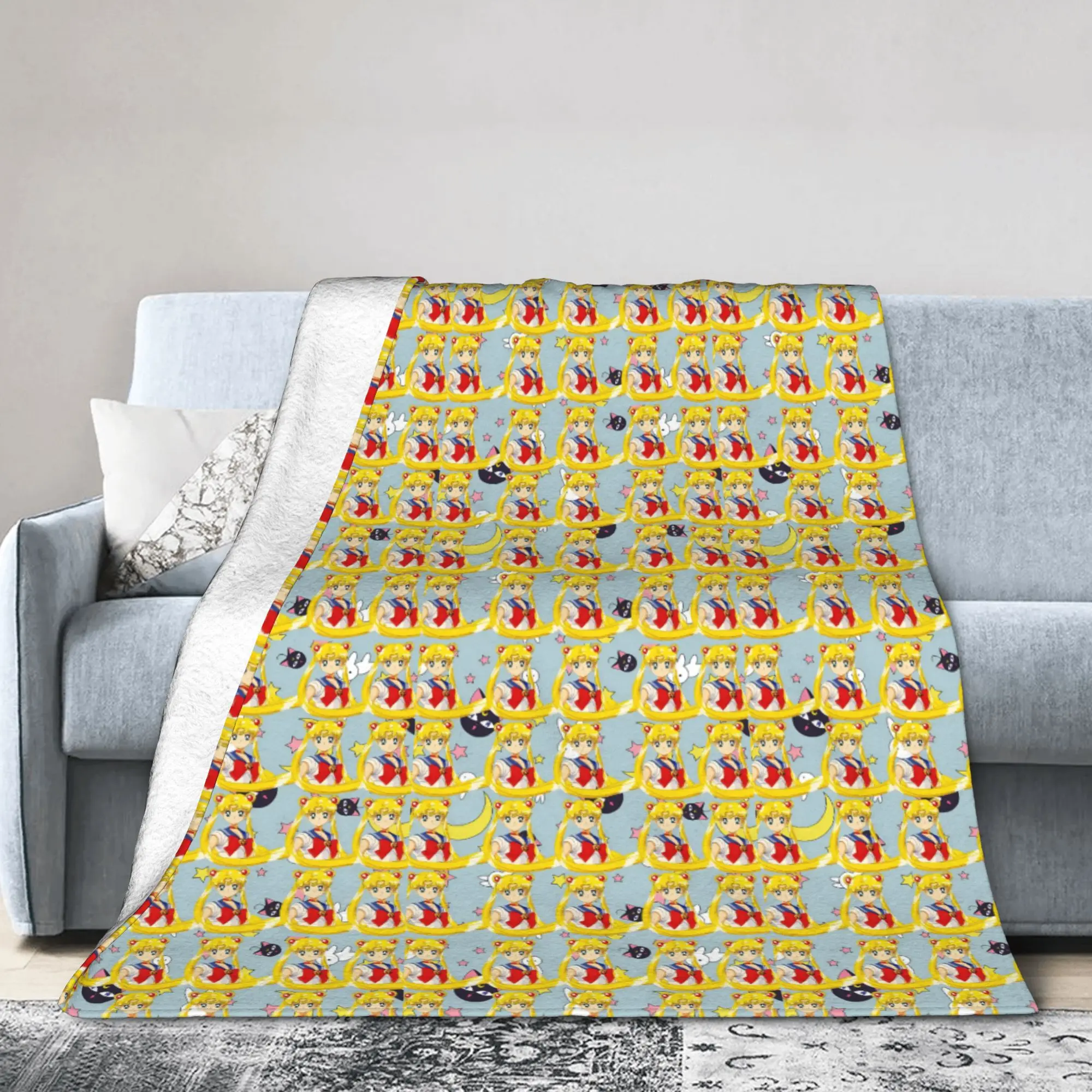Ultra-Soft Fleece Sailors Anime Moons Throw Blanket Warm Flannel Usagi Tsukino Luna Blankets for Bed Office Couch Bedspreads