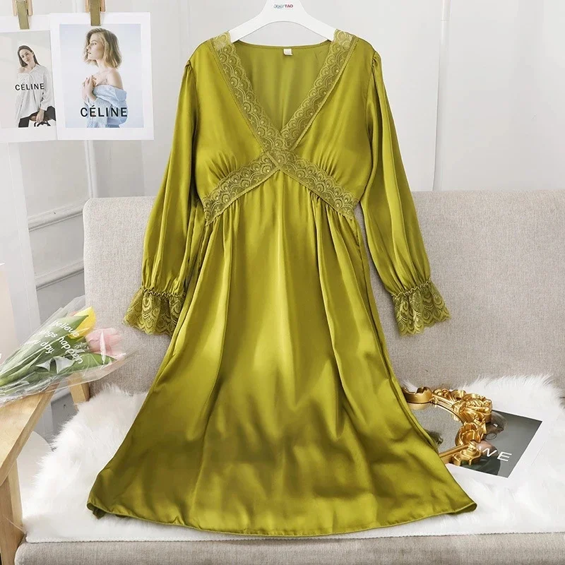 Women V-neck Long Nightgown Hollow Lace Sleepwear Home Dress Casual Sleepshirts Ladies Princess Nightwear Casual Satin Pajamas