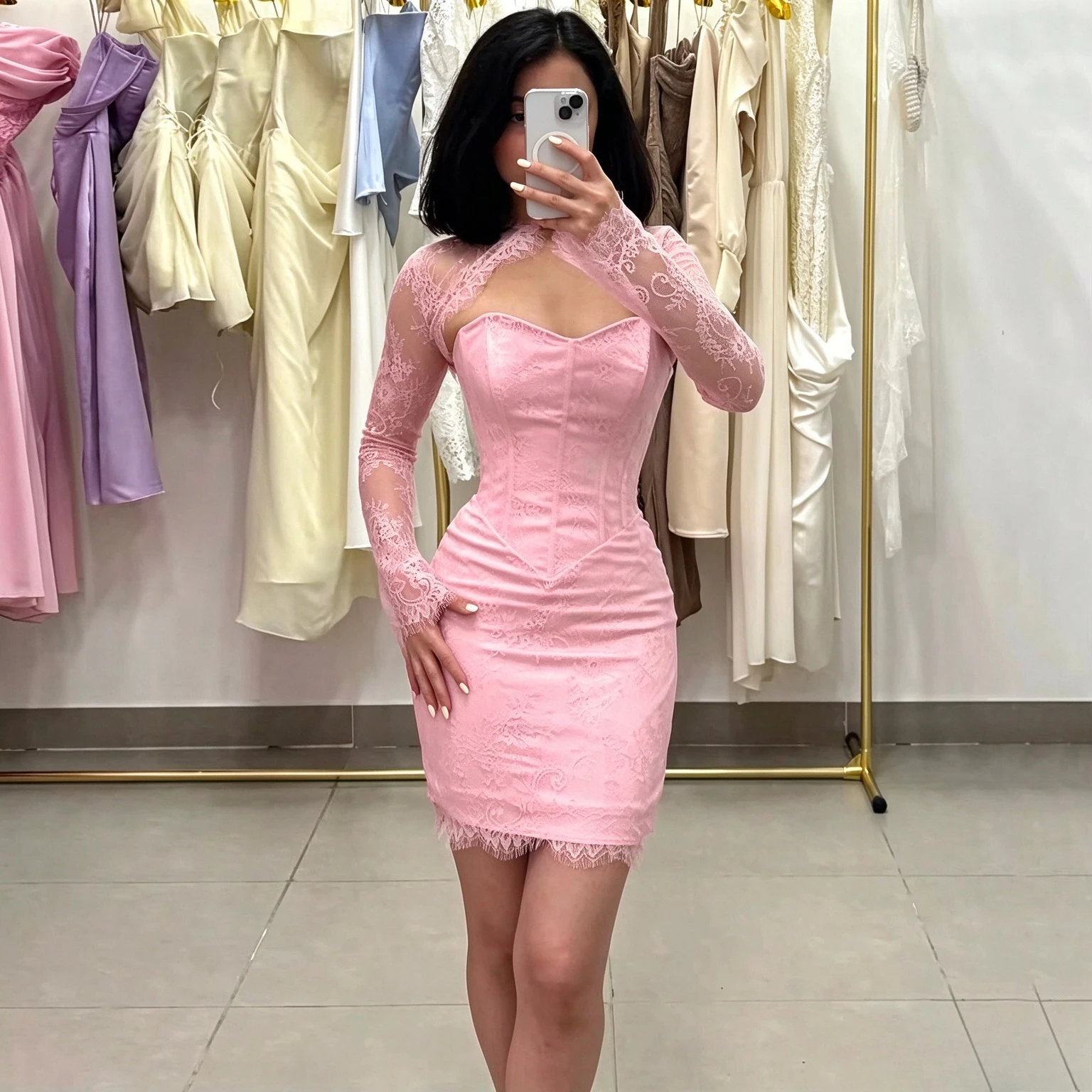 Customized Pink Sweetheart Full Sleeves Mini Prom Dresses Lace Straight Women's Cocktail Gowns for Party Homecoming Occasions