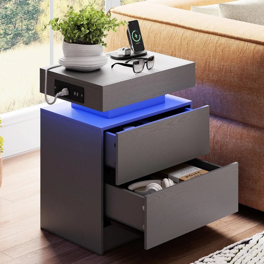 Grey Nightstand with Charging Station LED Light and 2 Drawers