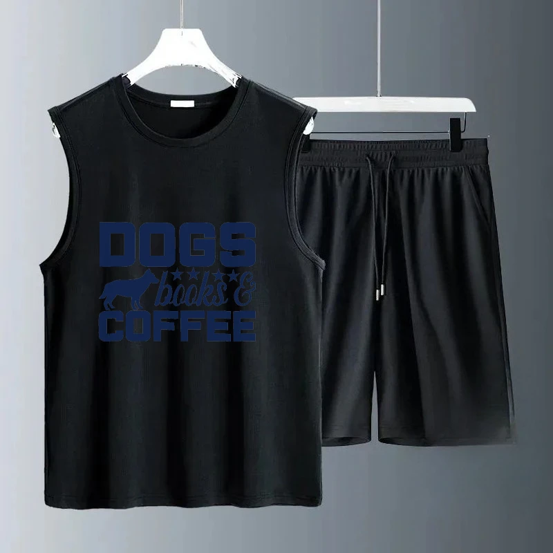 

2025 Daily Casual Sleeveless Polyester Fiber Blue cat graffiti print suits Men Outfit Breathable Soft Summer Sets sportswears