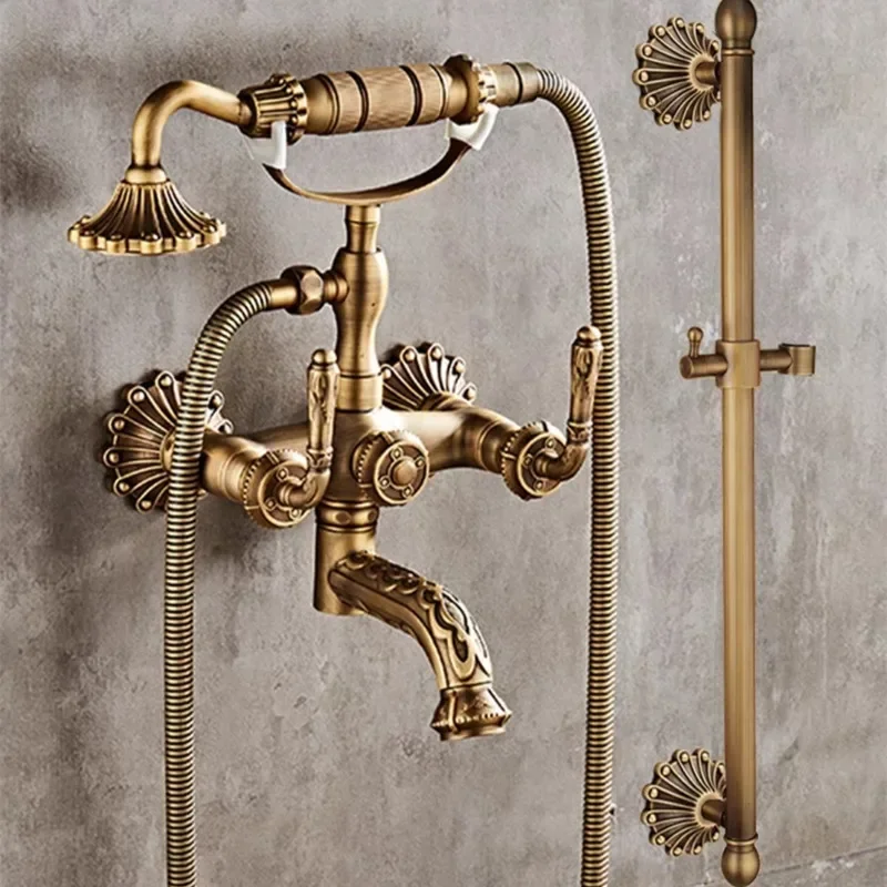 

Antique Bathtub Shower Set Wall Mounted Carved Bathtub Faucet Bathroom Cold and Hot White Bath and Mixer Taps Brass