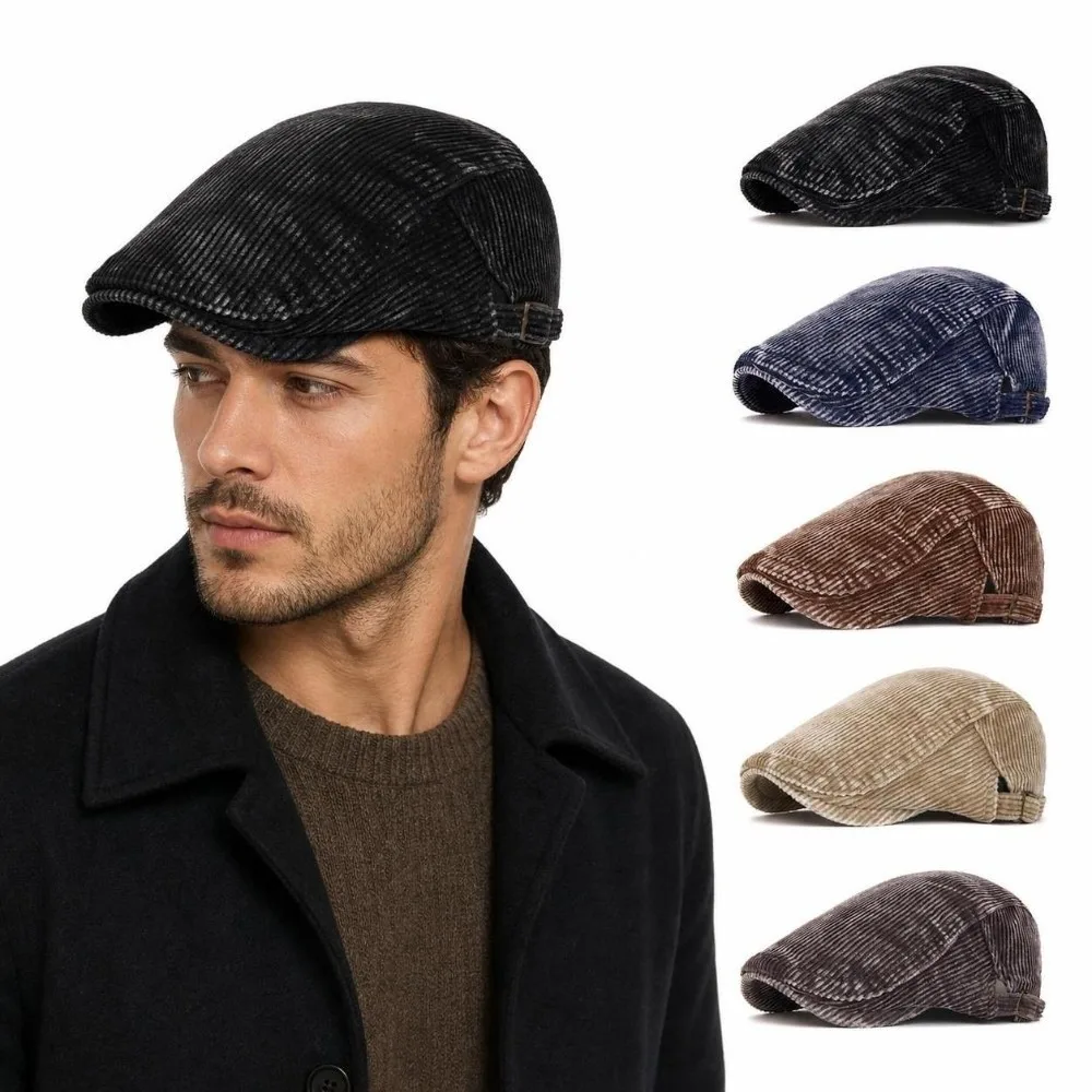 Retro British Style Corduroy Flat Cap Soft Lined Warm Newsboy Hat Windproof Adjustable Peaked Cap Driving Use