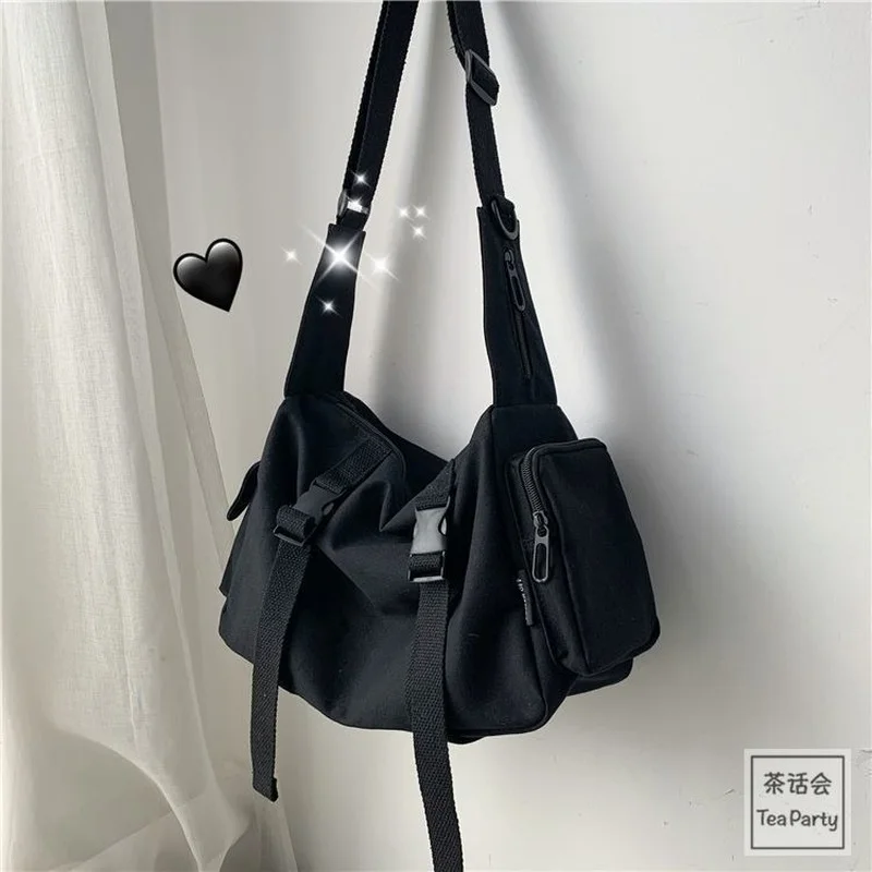 Bolso cruzado de lona para mujer, bolsa de gran capacidad con bolsillo de diseño, color negro, Vintage, escolar oscuro, estilo Unisex