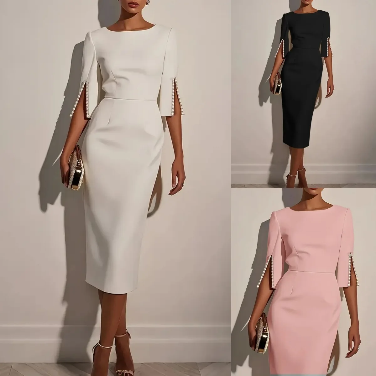 

Spring and Summer Solid Color Commuting Nail Bead Slim and Elegant Women's Dress