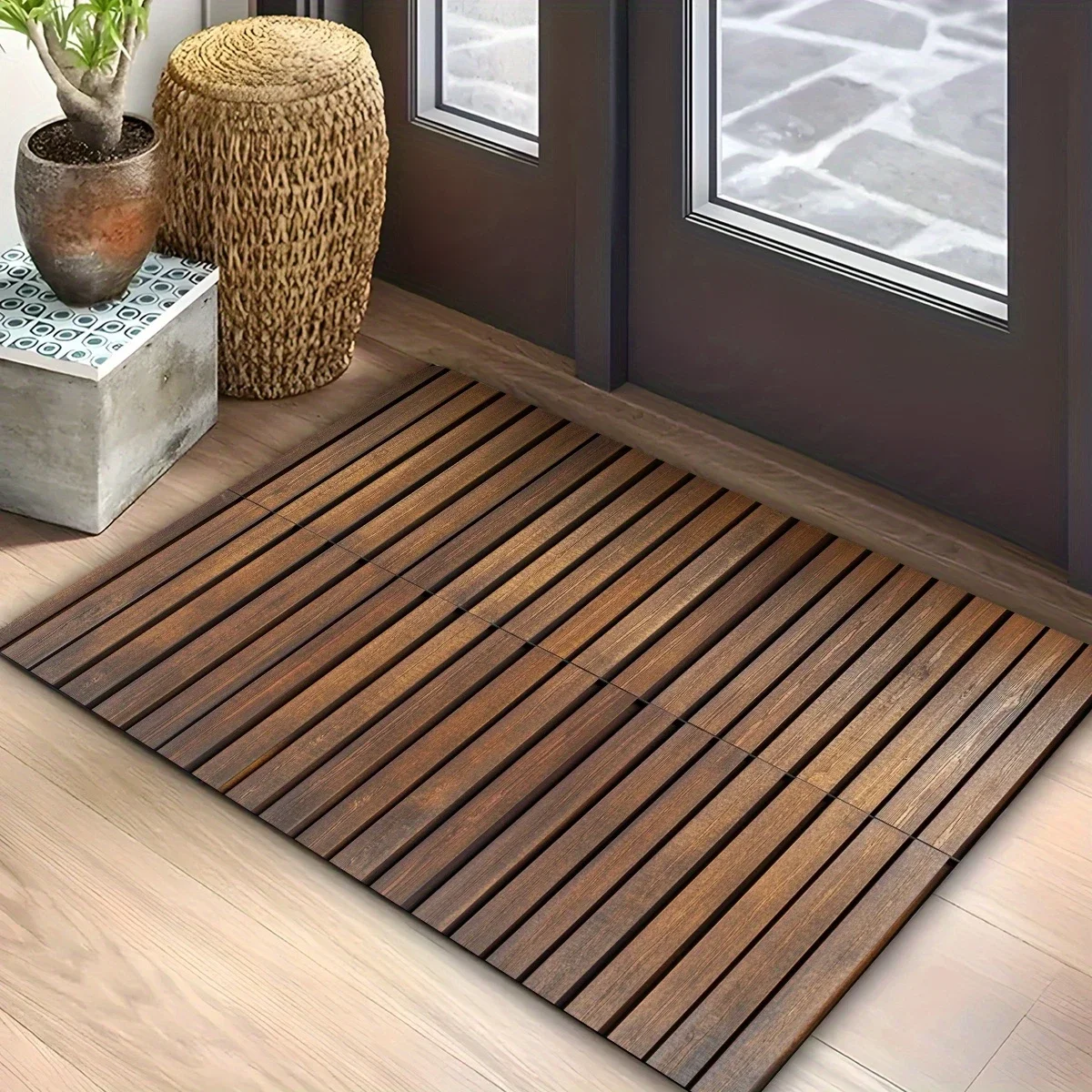 1 tapis de sol, design à lattes de bois, paillasson antidérapant pour entrée et salle de bain, 1 pièce