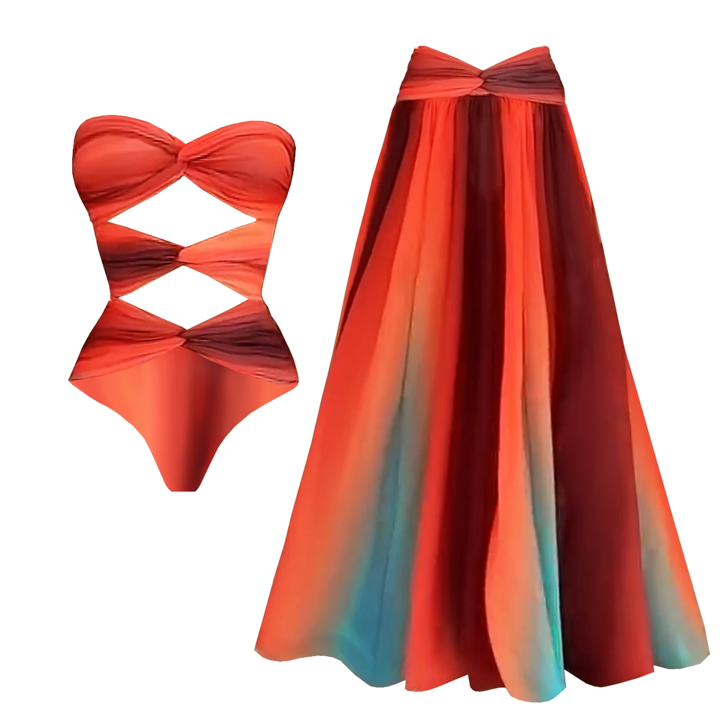 2 Pcs Hollow Swimsuit Sexy Women Bikini 2025 Cut Out Swimwear Female Swimming Suit Long Skirt Deep V Biquini Bodysuit Beachwear image 3