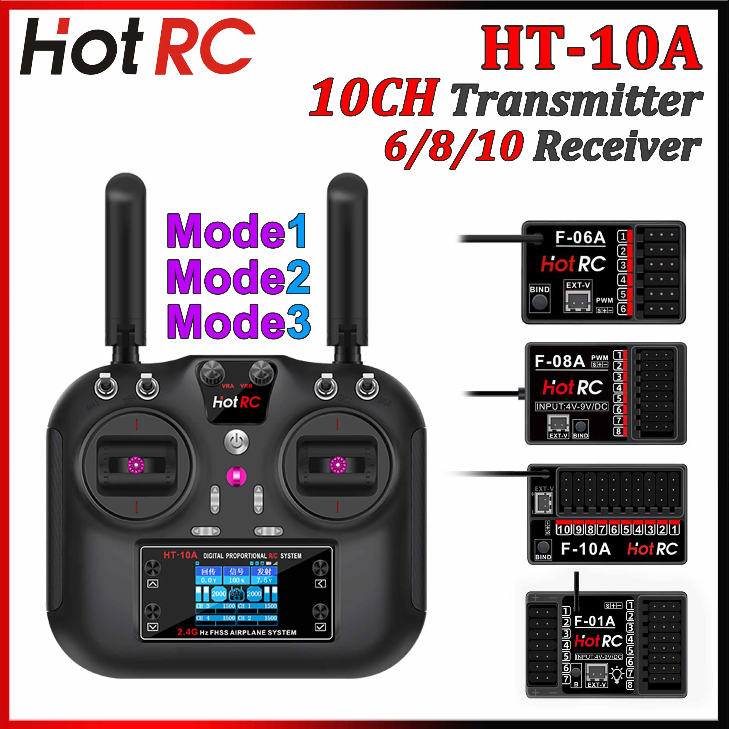 

HotRC HT-10A 10CH 2.4G Multi-Functional Transmitter Mode1/2/3 F-10A F-06A F-08A 6/8/10CH Receiver for Remote Control Plane Car