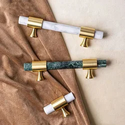 Natural Marble Handle With Solid Brass Base Furniture Handle Door Knobs T-bar Handles for Cabinet Kitchen Cupboard Drawer Pulls