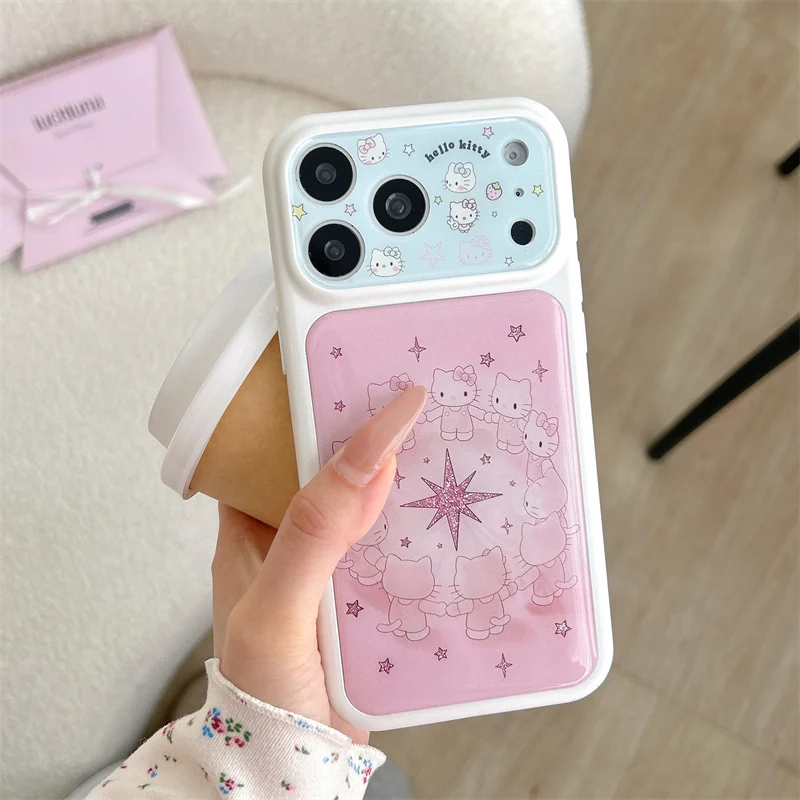 

Kawaii Hello Kitty Glitter Star Phone Case For iPhone 17 16 15 Pro Max Pink Blue Cute Protective Cover For Women
