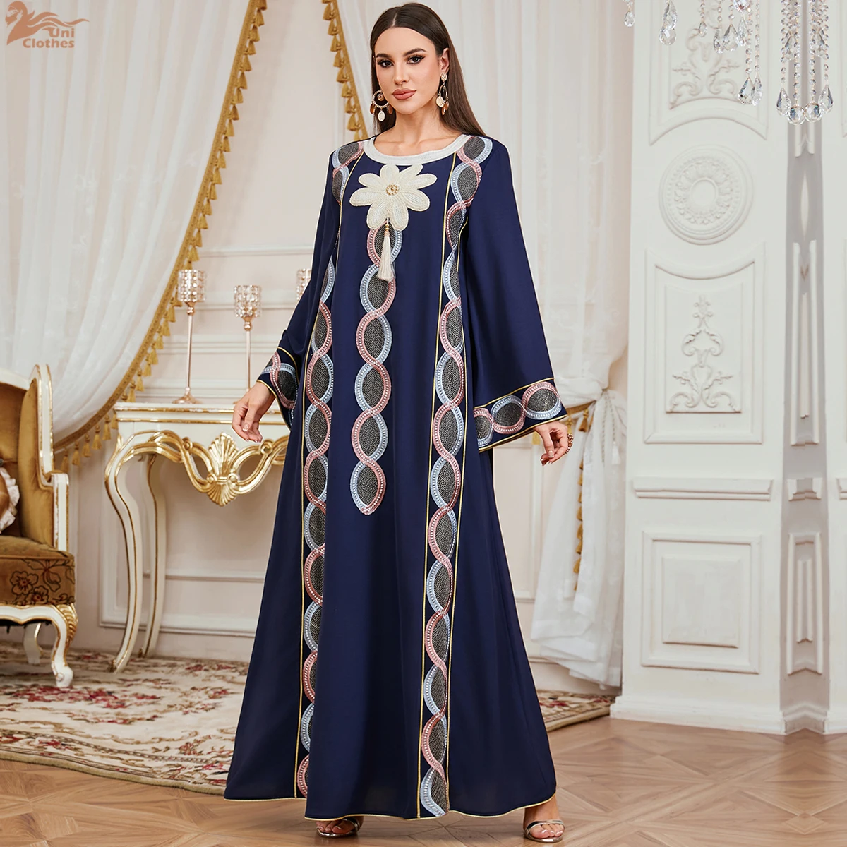 Uni Nieuwe Moslim Elegante Vrouwen Avondjurk Dubai Bloemen Borduren Maxi Abaya Kwastje Vrouwelijke Kleding 2026