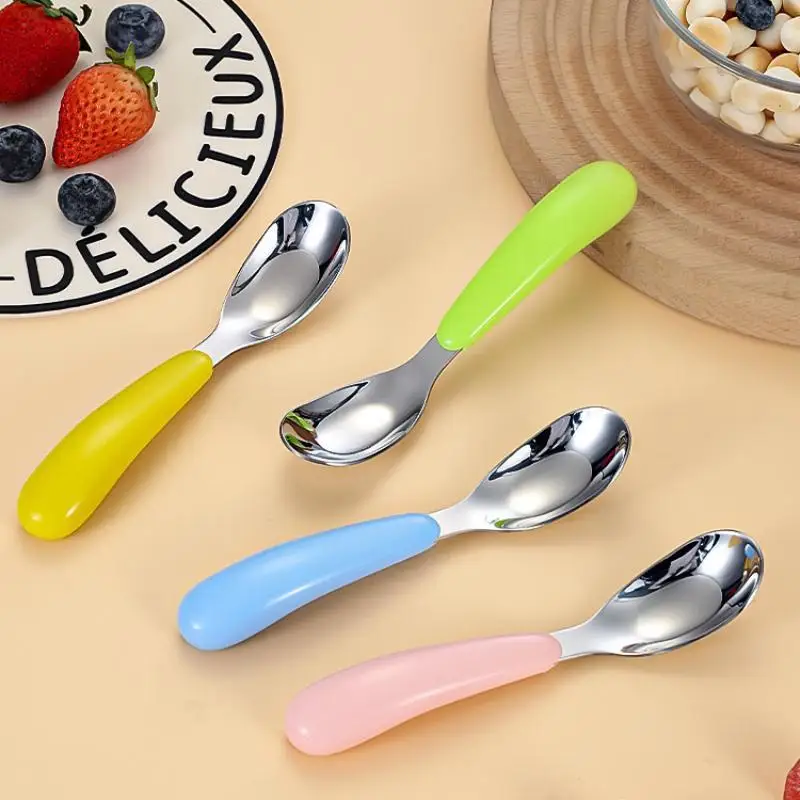 Stainless Steel Spoon Soup Spoon Cake Dessert Spoon Creative Baby Feeding Spoon Household Flat Bottomed Scoop Kitchen Tableware