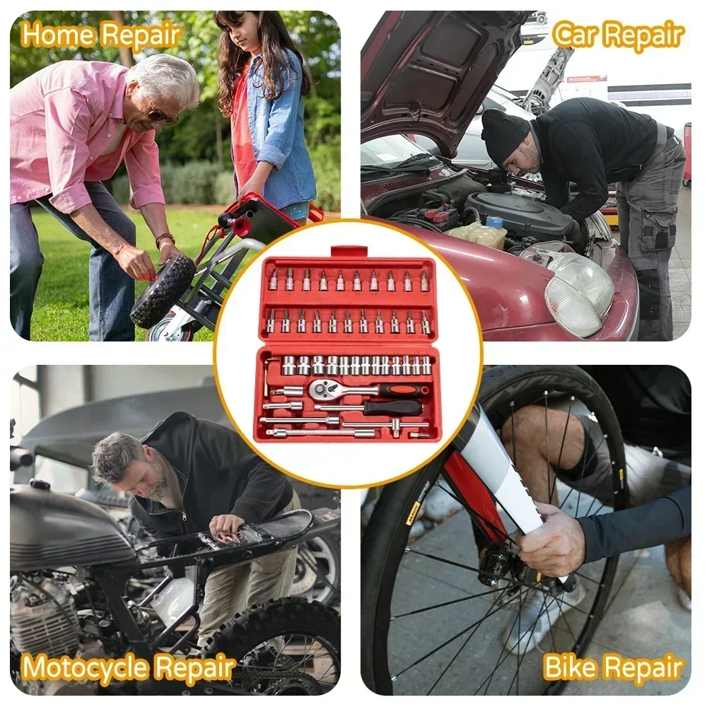 46 pezzi set di chiavi a bussola strumento di riparazione auto moto riparazione cacciavite a cricchetto combinazione cassetta degli attrezzi meccanica fai da te per uso domestico