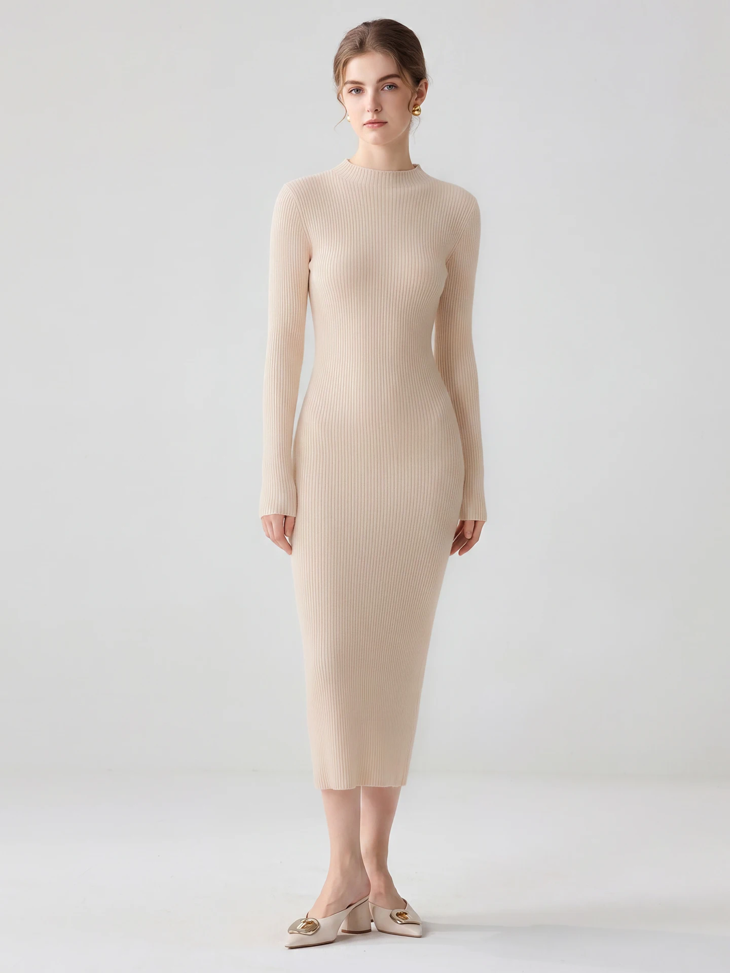 Simple Women's 100% Pure Cashmere Pullover Dress Autumn Winter Half High Collar Slim Fit Mid-calf Knit Dress Light Luxury Skirt