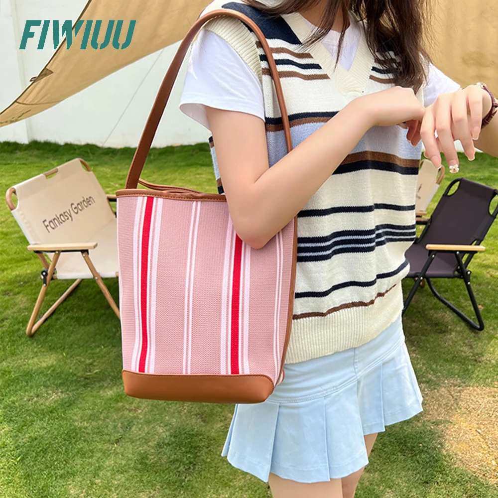 FIWIUU Mulheres Balde Ombro Saco De Emenda Canvas Bolsa Contrastante Stripe Bag Axilar Sacola Hobo Shopper