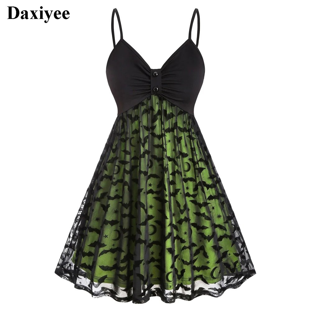 Women Gothic Vintage Halloween Dress Bat Print Retro Dresses Sling Double  Layer Mesh V Neck Dress 50s 60s Party Vestidos Mujer - AliExpress 200000345