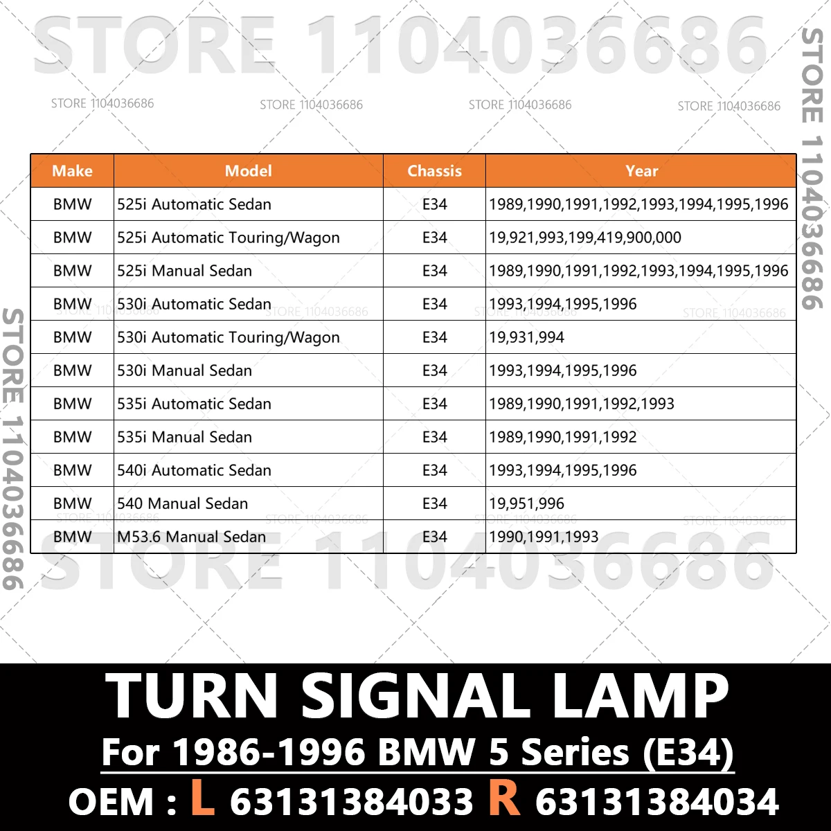 For 1986-1996 BMW 525i 530i 535i 540i M5 (E34) Front Bumper Corner Turn Signals Lights 63131384033 63131384034 view 2