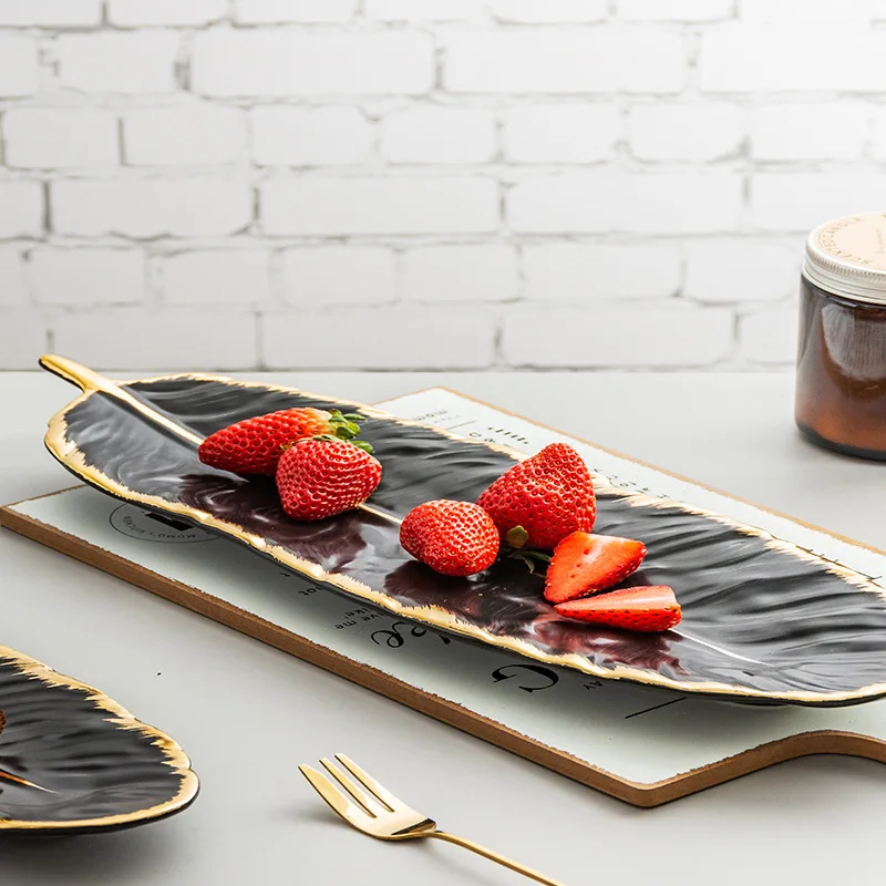 Gold Plating Ceramic Plate Set Fashion Feather Design Jewelry Tray Tableware Accessories Dim Sum Fruit Plate Kitchen Dining Dish