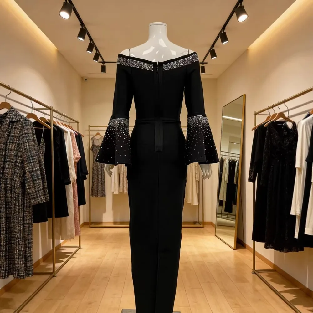 

2026 New Glitter Rhinestones Flare Sleeve Dress Luxury Black Evening Party Cocktail Gown Birthday Bodycon Bandage Dresses