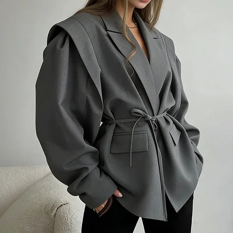 

Oversized Blazer Jacket Women Casual Solid Turn Down Collar Lace Up Coat 2025 Autumn Fashion Design Street Jackets