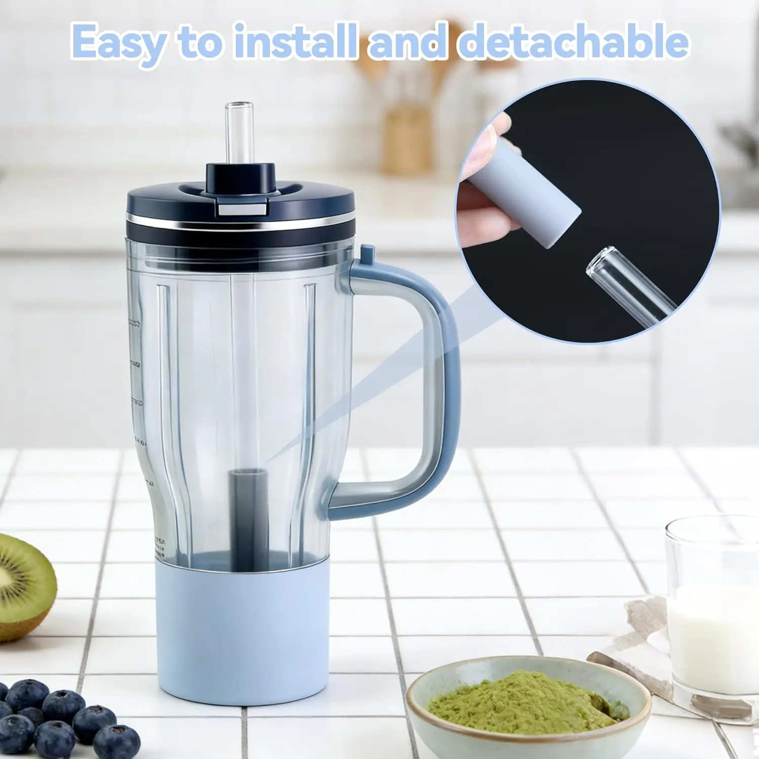 Picture 6: 2 Pack Replacement Straw for Ninja BlendBOSS Personal Smoothie Blender Tumbler Reusable Glass Straws With Cleaning Brush