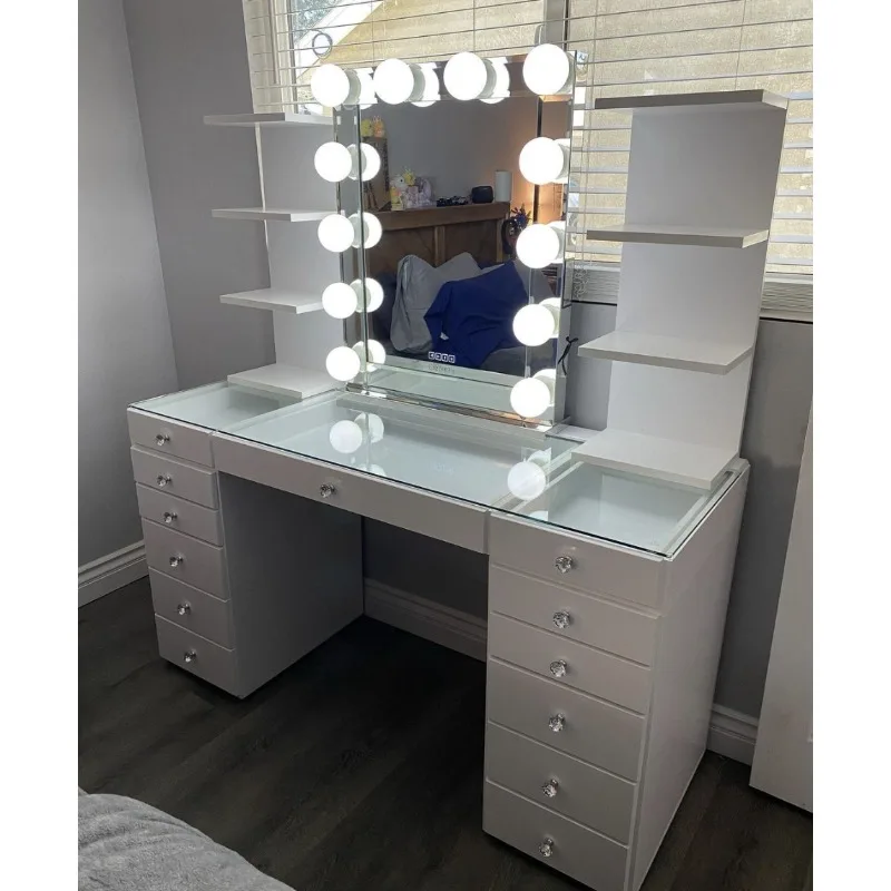 High-end Luxury New Makeup Table Dresser Glass Dresser Set Mirror Light Emitting Diode Light 13 Drawer Living Room Furniture