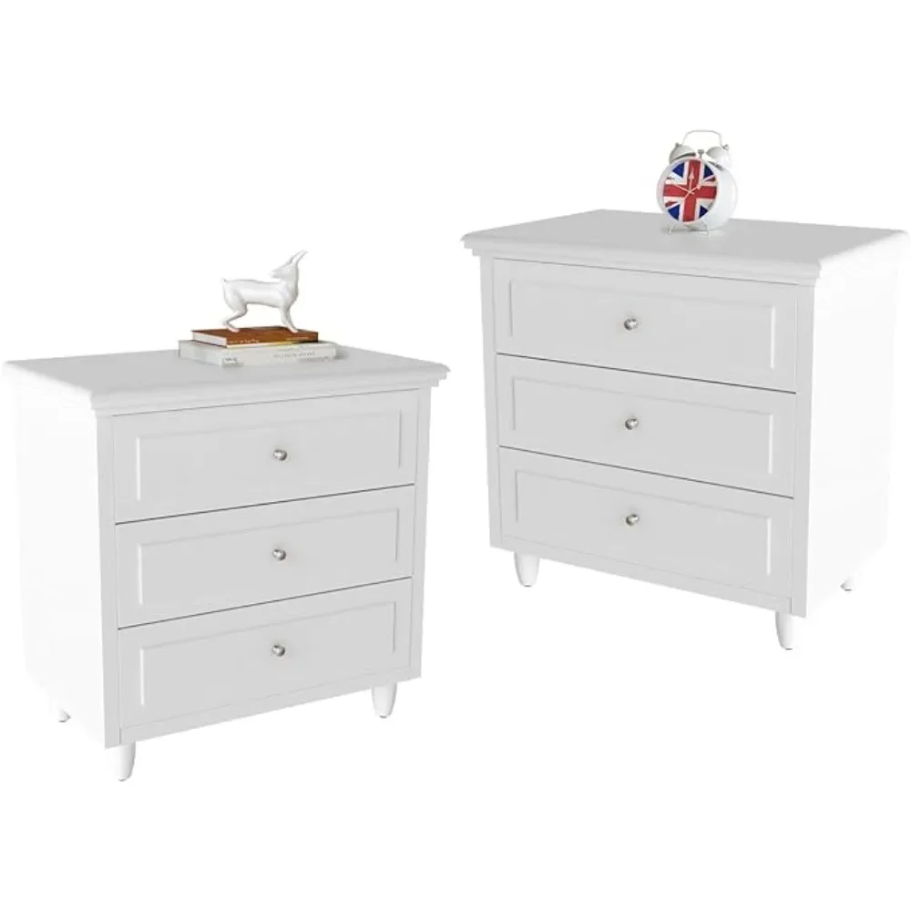 Nightstand Set of 2,3 Drawers Nightstand with Wood Legs,Modern Dresser Bedside Nightstand,Classic End Table,Sofa Side Table