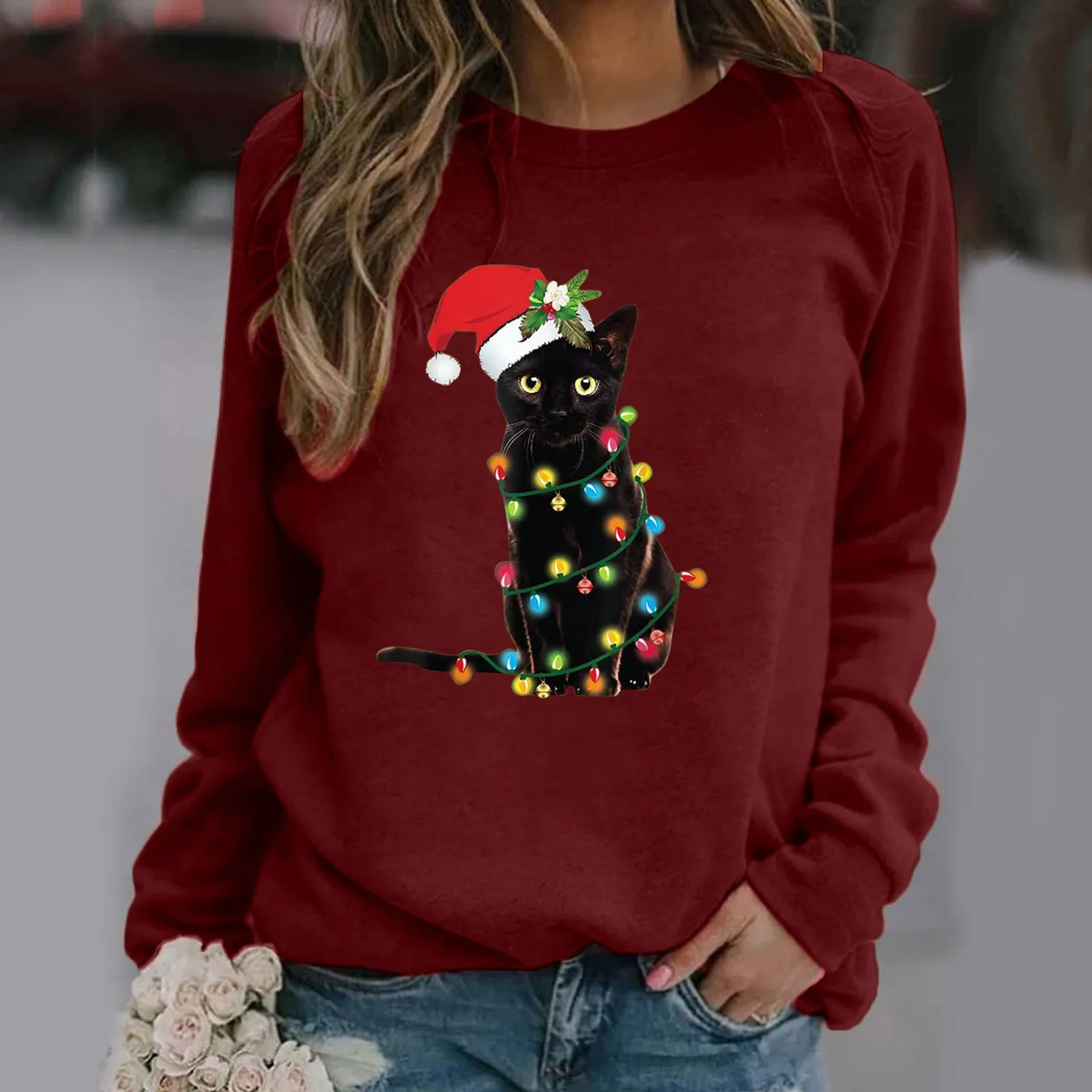 Christmas Printing Hoodies Womens Long-Sleeved Pullover Top Blouse Ugly Cat Print Overcoats Korean New Year Sweatshirts Female