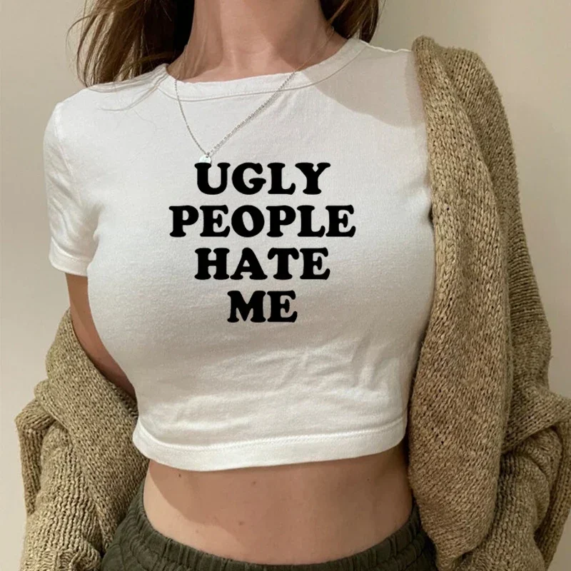 Camiseta Ugly People Hate Me para mujer, camiseta Harajuku Sassy para bebé Y2k ropa gótica Grungeop corto divertido