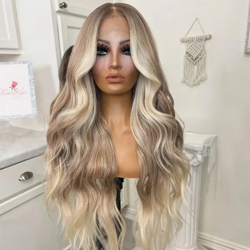 

Вечеринка Косплей Использование Ombre Коричневый Блондин Мягкий HD Парик Фронта Шнурка для Женщин Длинные Объемные Волны Термостойкие Волокна Парики Высокой Плотности