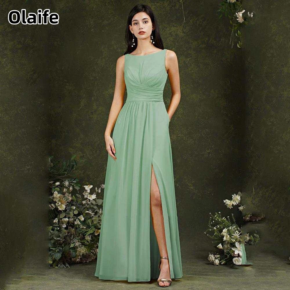 

Olaife Elegant Ruched Prom Dresses Sleeveless Split Chiffon Zipper Floor Length A-line Evening Gown Vestidos De Noche