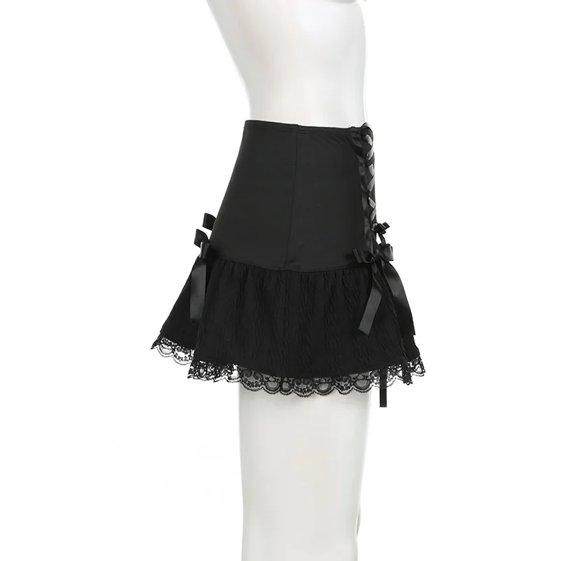 Dark Fashion Design Belted Butterfly Knot Solid Color Wrap Slimming Lace Splice Pleated Short Skirt for Women