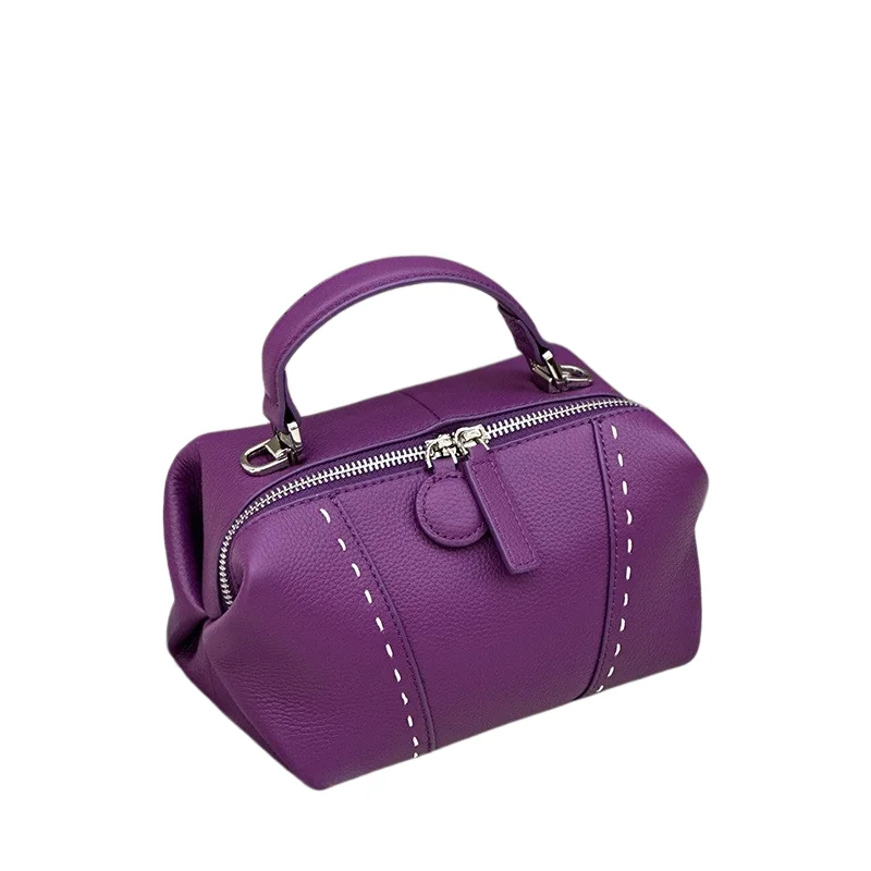 2026 Women Top Layer Cow Leather  Boston Bag Litchi Grain Designer Style Hand Crossbody Multi Color Daily Purse
