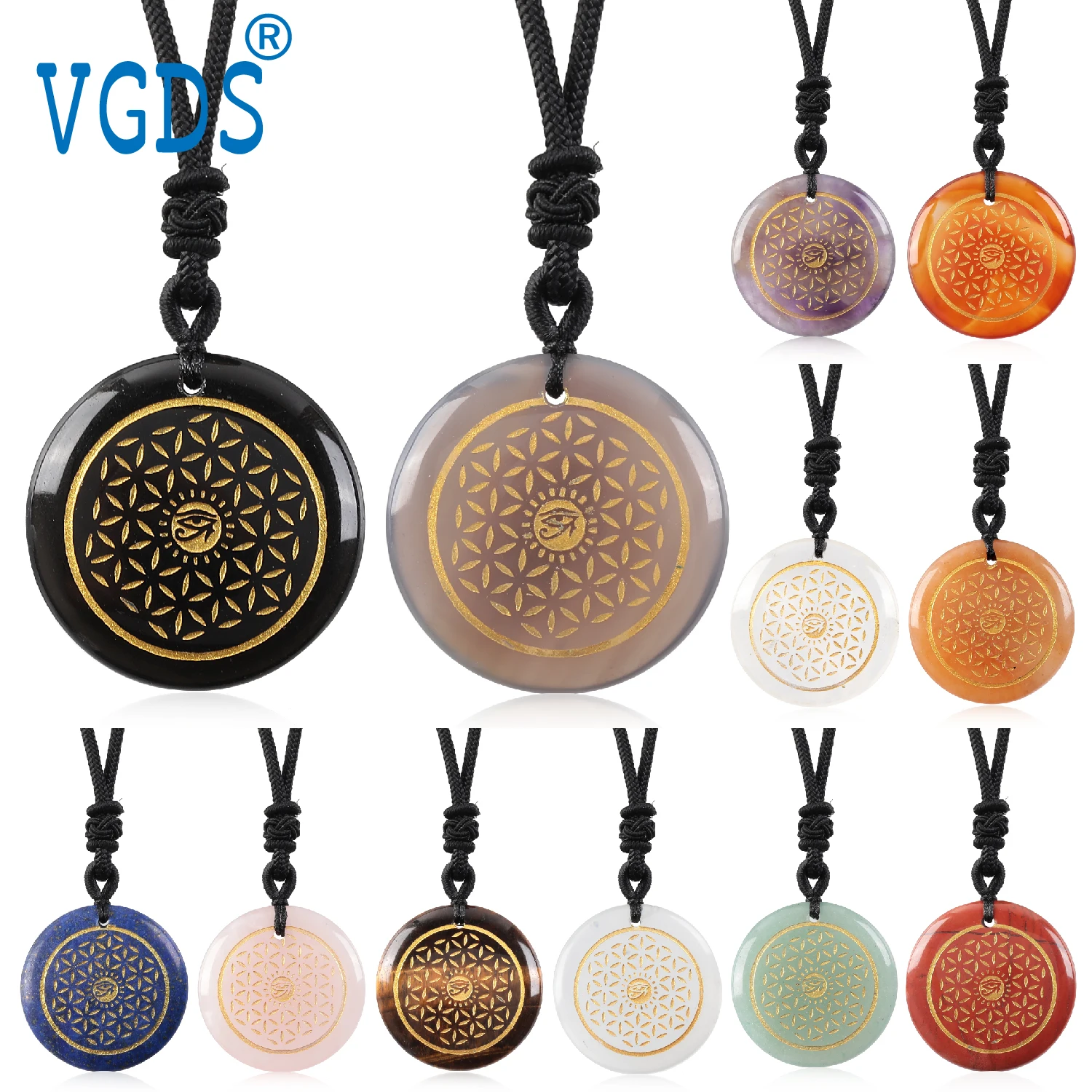 

VGDS Religious Reiki Healing Pendant Natural Crystal Egyptian Sun Horus Eye Prayer Flower Of Life Cosmic Energy Necklace Jewelry