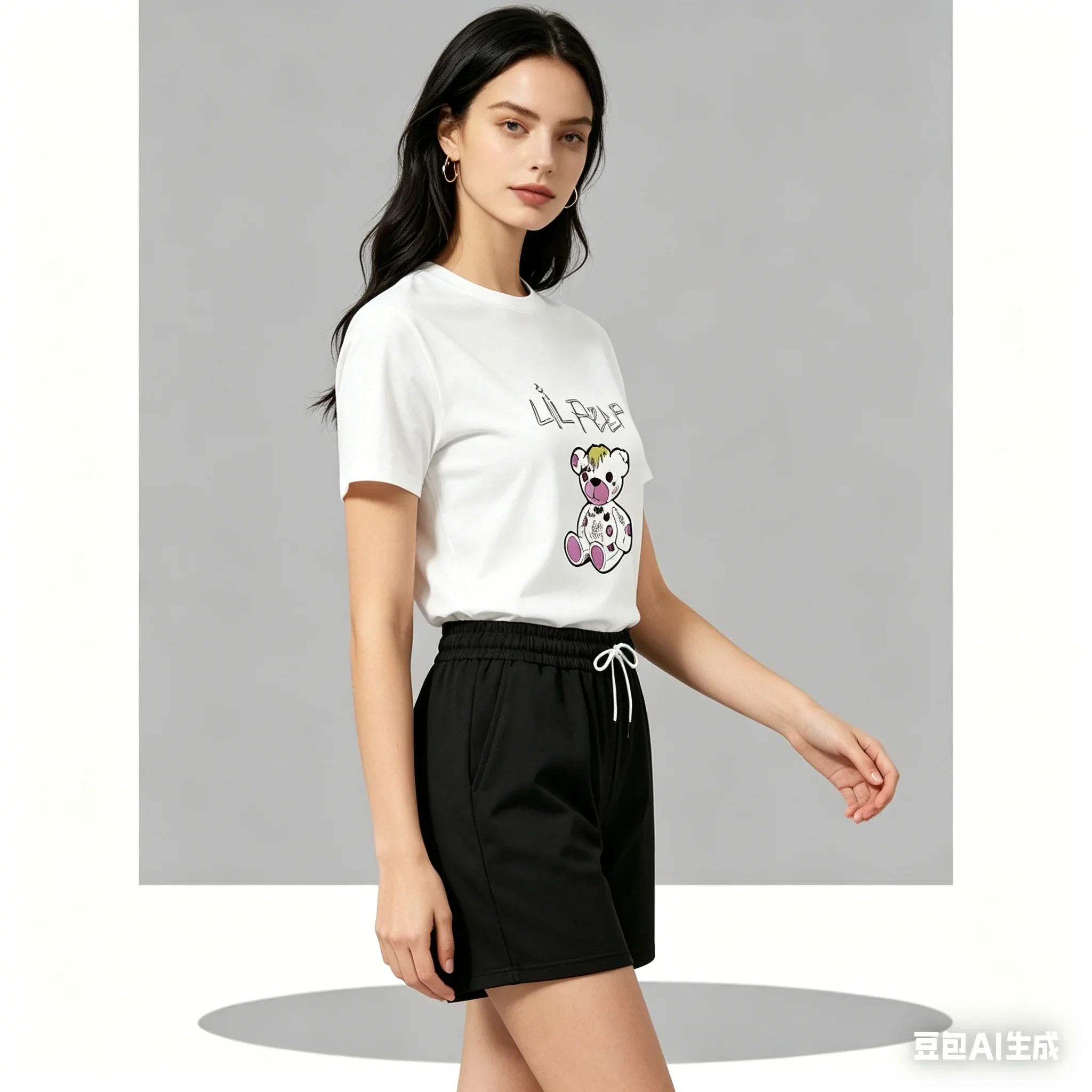 

Lil Peep Bear Graphic Two Piece Set, Cute Teddy Print T-Shirt & Black Shorts Outfit, Casual Streetwear Tracksuit