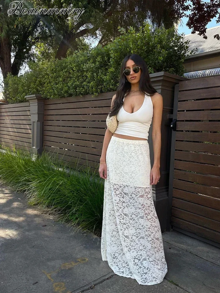 

Элегантная белая кружевная юбка-макси для женщин, с эластичным поясом, прозрачным цветочным узором, свободного кроя, повседневная, модная, для ежедневной носки, новые юбки