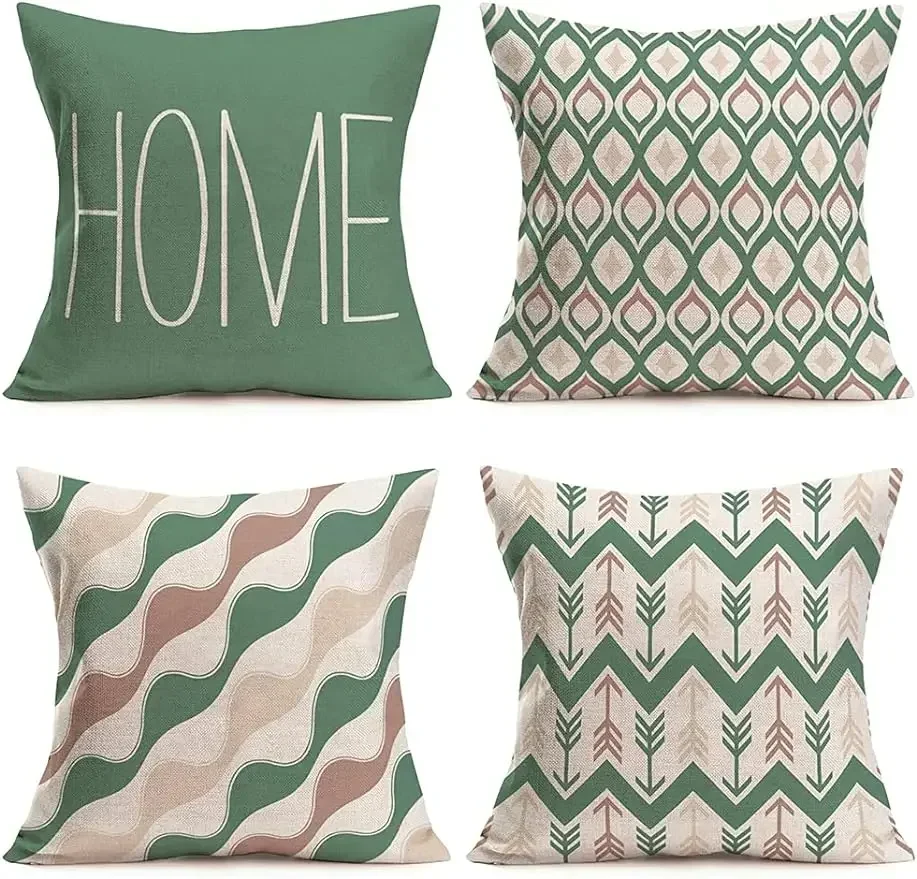 Linen Throw Pillowcase Home Green Geometric Wavy Arrow Design Home Decoration Cushion Cover Square Pillowcase