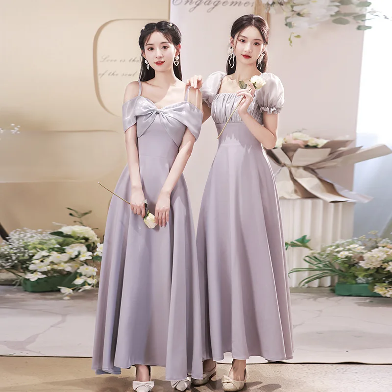 Ofallsis Purple Square Neck Puff Sleeve Bridesmaid Dress 2024 New Spring Purple Satin Sisters Group Bridesmaid Evening Dresses