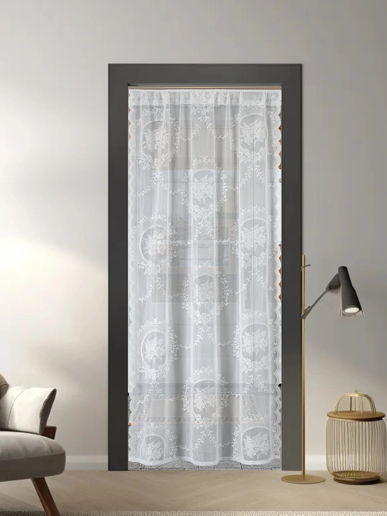 Cortina de vid de espejo redondo de encaje blanco, cortina de puerta de sala de estar