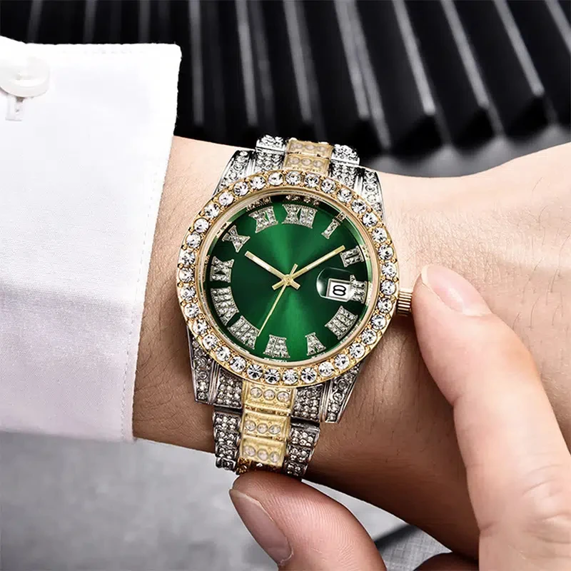 high quality rhinestone steel calendar men business watch