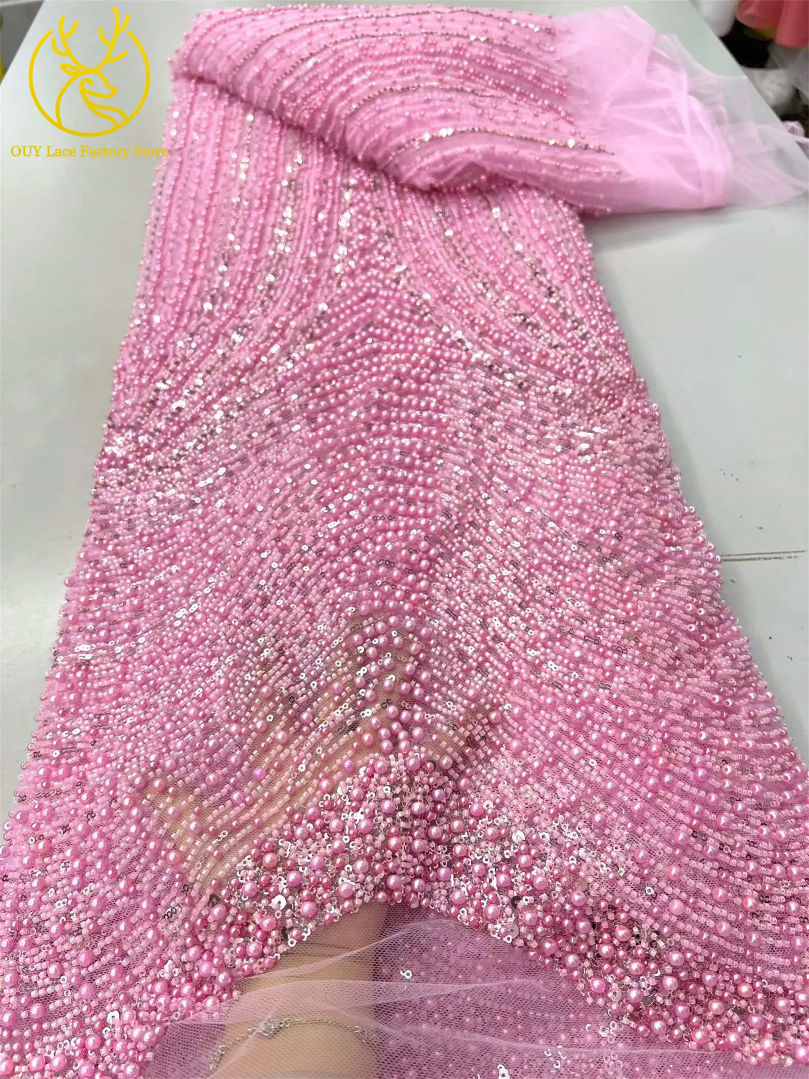 Rosa afrikanischer Perlen-Spitzenstoff 2026, eleganter französischer Pailletten-Spitzenstoff, modischer nigerianischer Tüll-Spitzenstoff für Partykleider – Detail 9