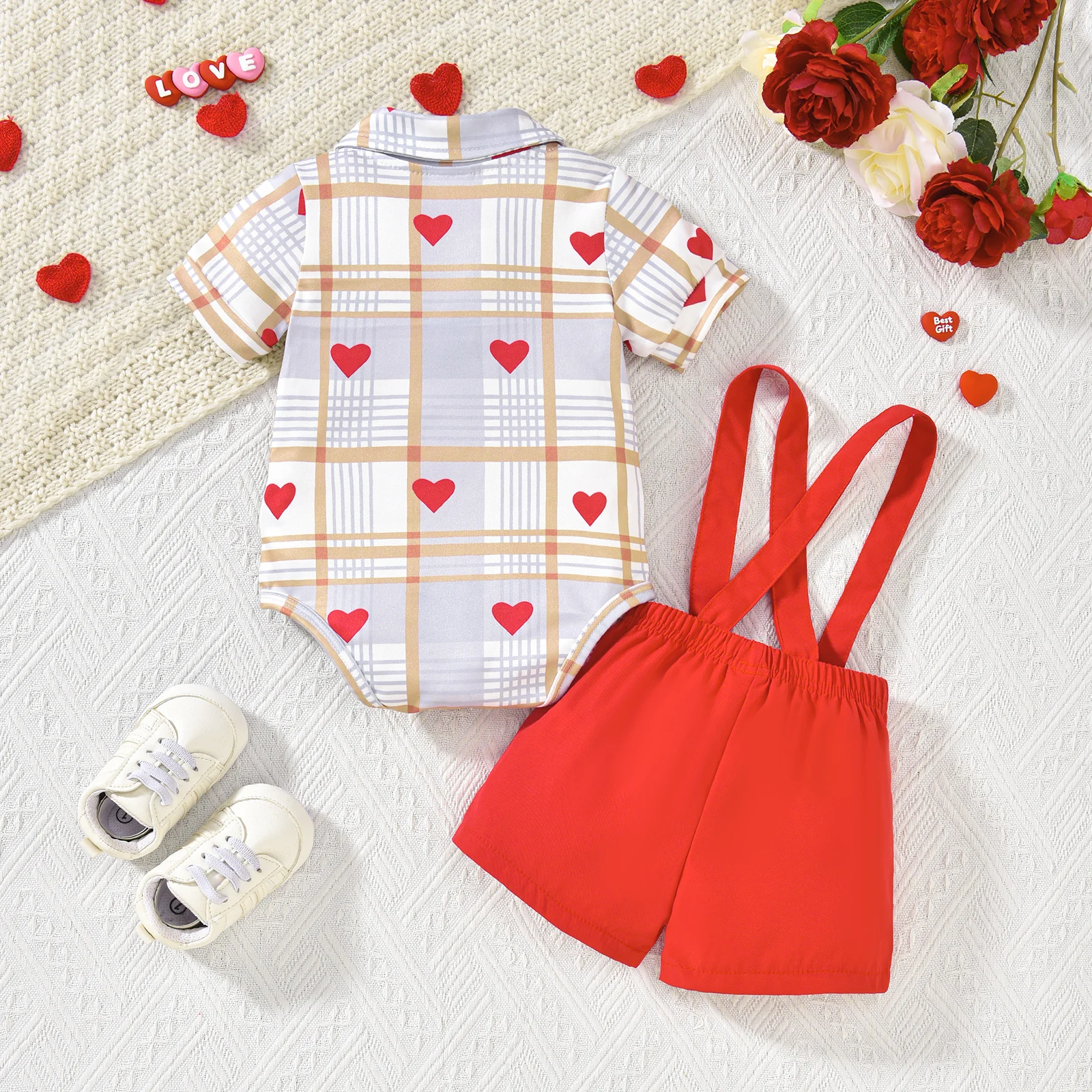 Set pakaian Hari Valentine anak laki-laki, setelan baju monyet lengan pendek kerah Lapel, celana Suspender, Set pakaian cantik