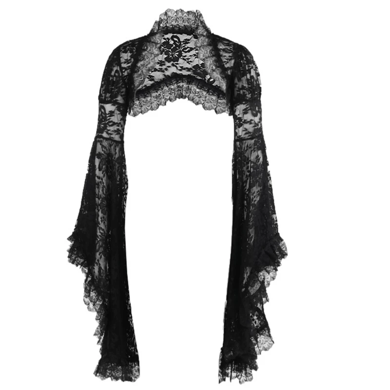 Aesthetic Gothic Crop Top Open Front Shrug for Women Flared Sleeve See Through Flower Lace Ruffled Cover Up Cardigan