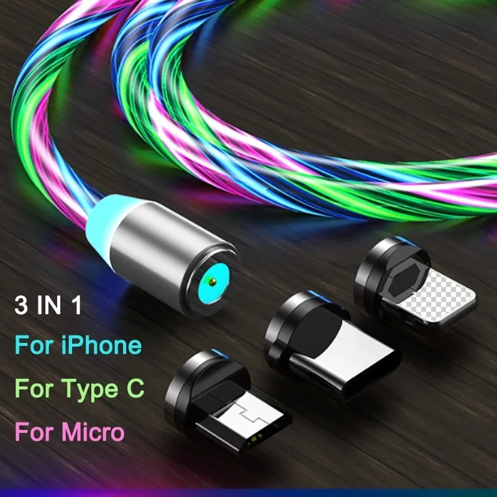 MVQF 3in1 Magnetic Flow Luminous Lighting Charging Mobile Phone Cable Cord Charger Wire for Iphone Samaung LED Micro USB Type C