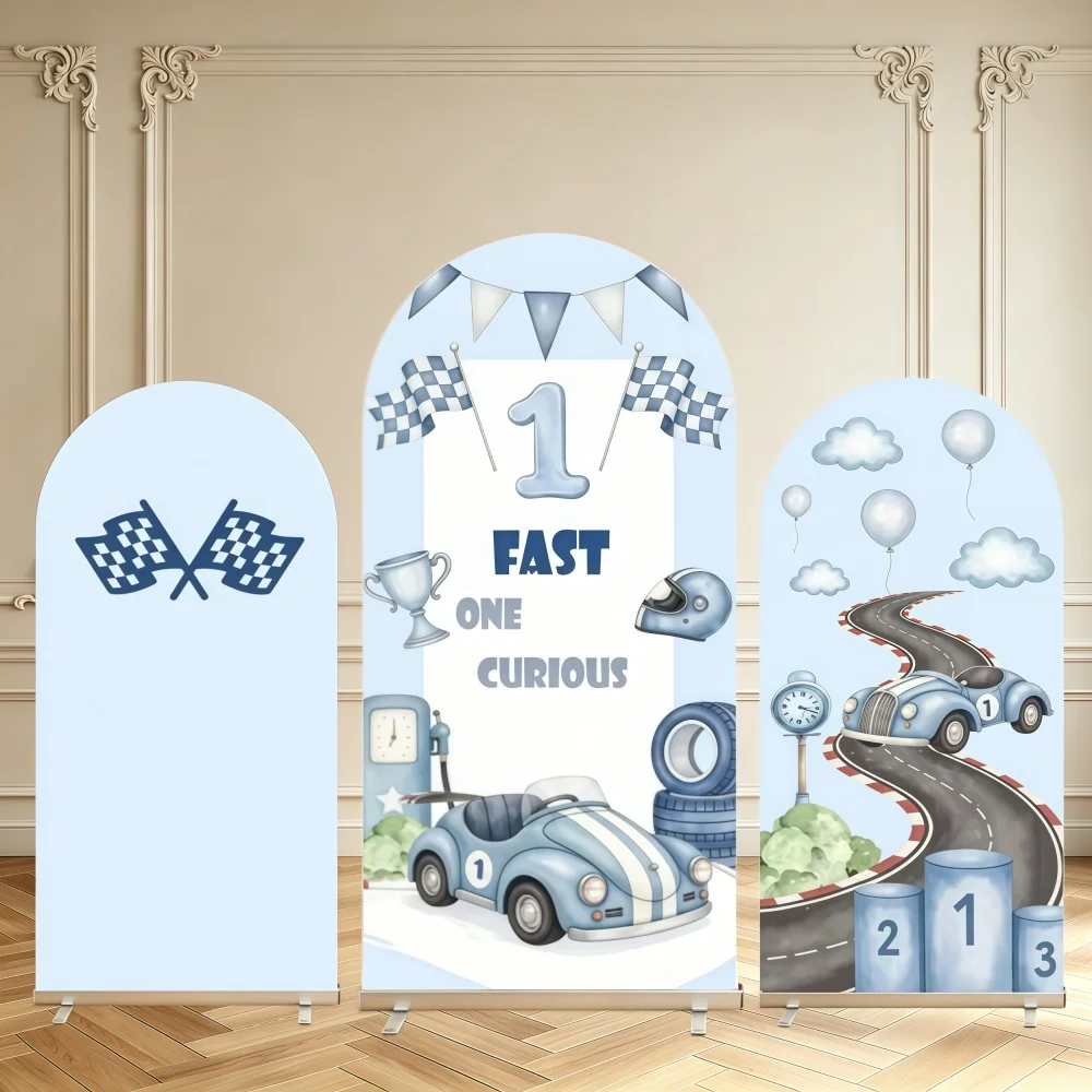 Boys 1st Birthday Arch Backdrop Cover Retro Race Car Fast One Curious Theme Newborn Birthday Party Double Sided Arch Covers