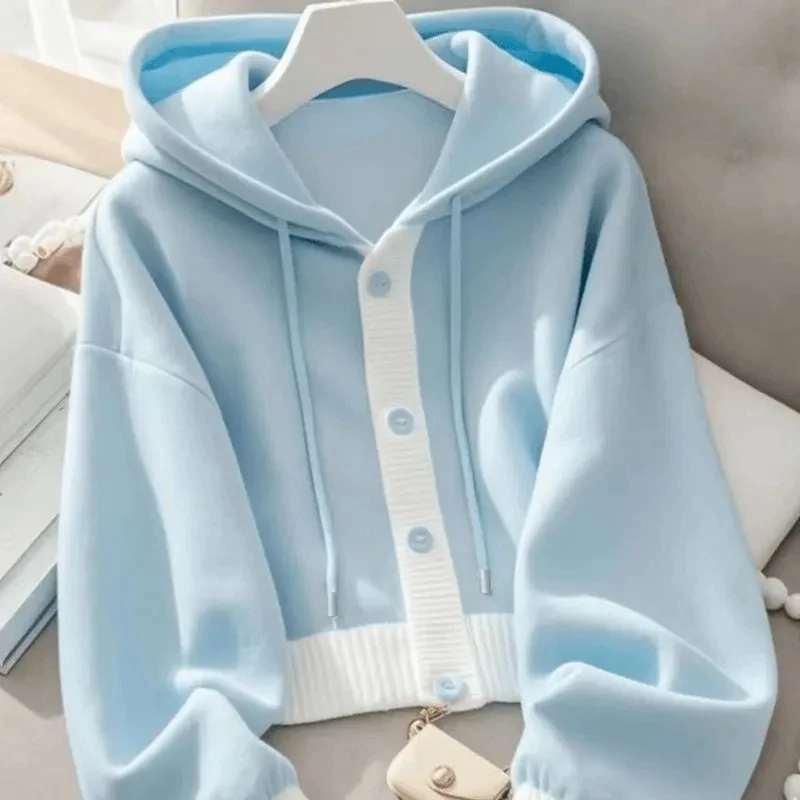 

Blue hooded women's Sweatshirt autumn/winter new 2025 fashion loose long sleeved casual top Female Single Breasted Outwear