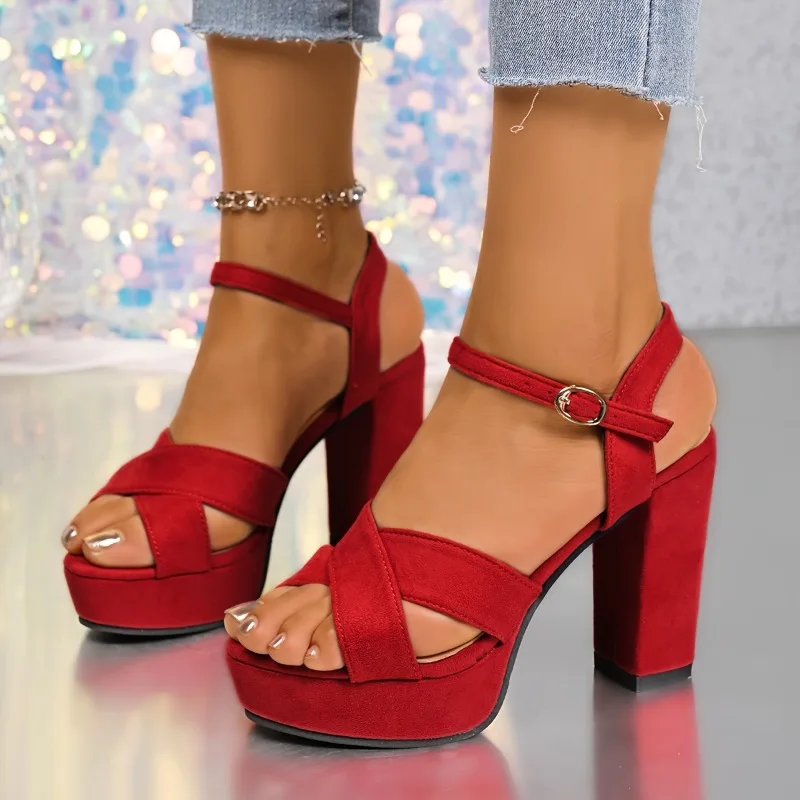 Picture 4: Sandals Plus Size Women's Shoes New Casual Breathable Suede Buckle Bag Heel Versatile Cross Block Heel Kid Heel