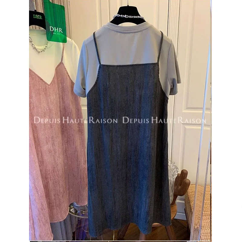 女性用半袖Tシャツドレス,ゆったりとしたフィット感,ラウンドネック,対照的な色,大きいサイズ,フレンチスタイル,2枚